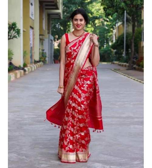 Women's Soft Lichi Silk Printed Saree With Unstitched Blouse 5.5Mtr (Red)