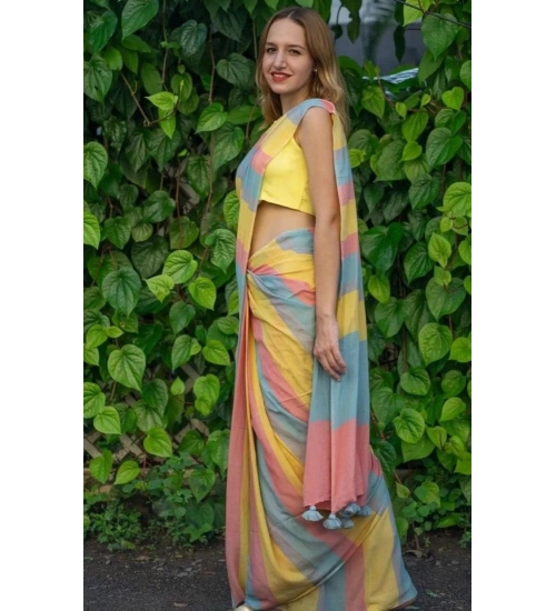 Women's Linen Printed Saree With Unstitched Blouse 5.5Mtr (Multicolor)