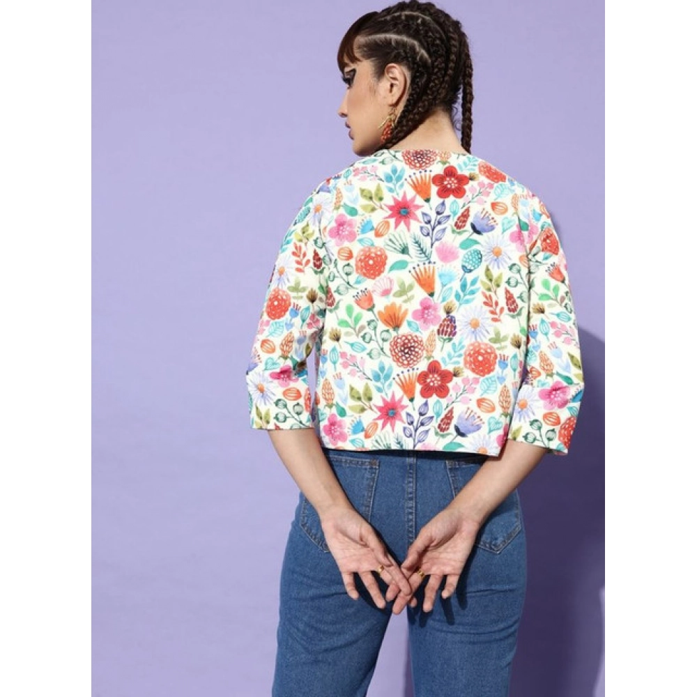Women's Polyester Floral 3-4th Sleeves Shrug (Multicolor)