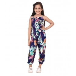 Girl's Rayon Printed Sleeveless Jumpsuit (Blue-Multicolor)