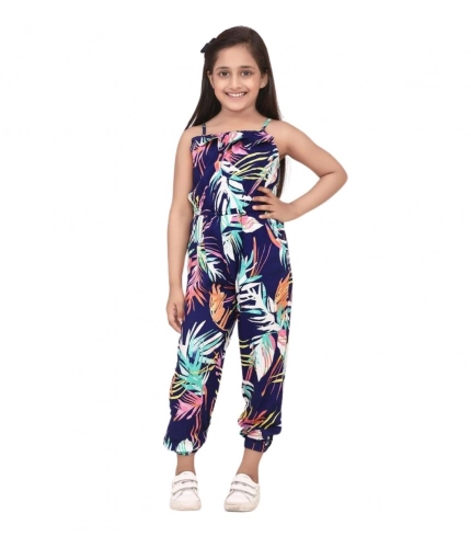 Girl's Rayon Printed Sleeveless Jumpsuit (Blue-Multicolor)