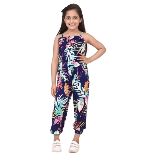 Girl's Rayon Printed Sleeveless Jumpsuit (Blue-Multicolor)
