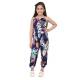 Girl's Rayon Printed Sleeveless Jumpsuit (Blue-Multicolor)
