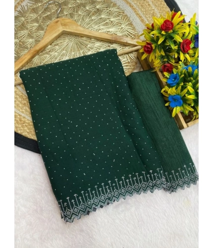 Women's Georgette Stone Work Saree With Unstitched Blouse 5.5Mtr (Green)