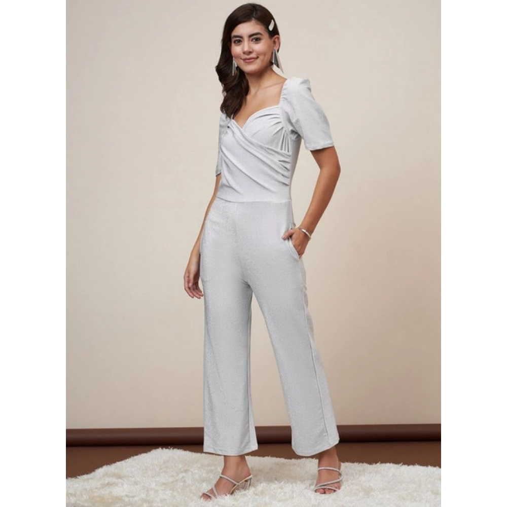 Women's Polyester Shimmer Self Design Short Sleeve Jumpsuit (Silver)