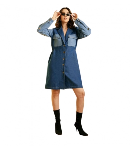 Women's Denim Color Blocking Roll Up Dress (Blue)