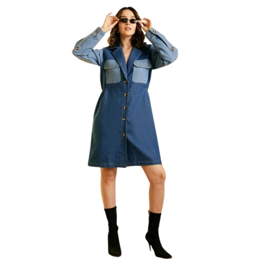 Women's Denim Color Blocking Roll Up Dress (Blue)