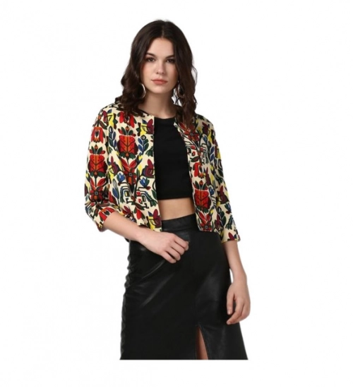 Women's Polyester Floral 3-4th Sleeves Shrug (Multicolor)