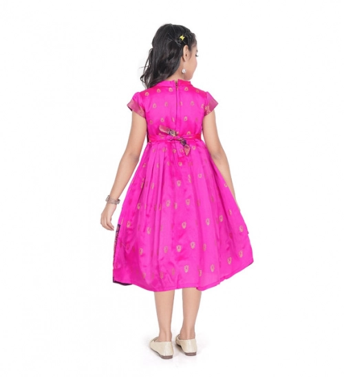 Girl's Brocket Silk Printed Short Sleeve Close Neck Dress (Rani Pink)