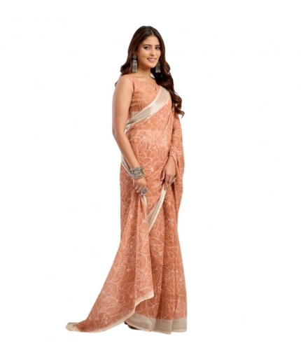 Women's Faux Linen Floral Print Ready to wear Saree With Unstitched Blouse 5.5Mtr (Peach) Women's Faux Linen Floral Print Ready to wear Saree With Unstitched Blouse 5.5Mtr (Peach)