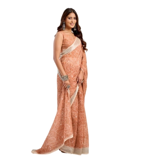 Women's Faux Linen Floral Print Ready to wear Saree With Unstitched Blouse 5.5Mtr (Peach)