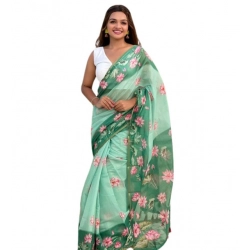 Women's Linen Printed Saree With Unstitched Blouse 5.5Mtr (Green)