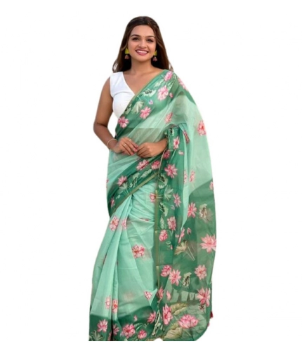 Women's Linen Printed Saree With Unstitched Blouse 5.5Mtr (Green)