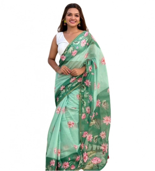 Women's Linen Printed Saree With Unstitched Blouse 5.5Mtr (Green)