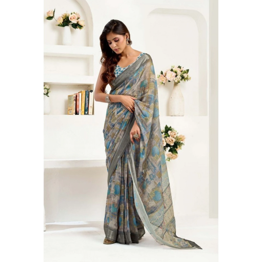Women's Linen Cotton Printed Ready To Wear Saree With Unstitched Blouse 5.5 Mtr (Grey)