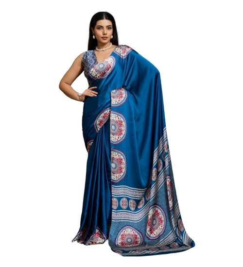 Women's Satin Crepe Printed Saree With Unstitched Blouse 5.5Mtr (Blue)