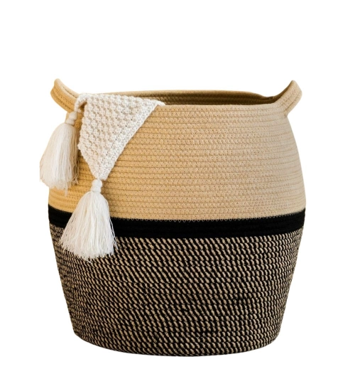 Cotton Matka 14x12 Inch Storage Basket For Clothes (Beige Black)