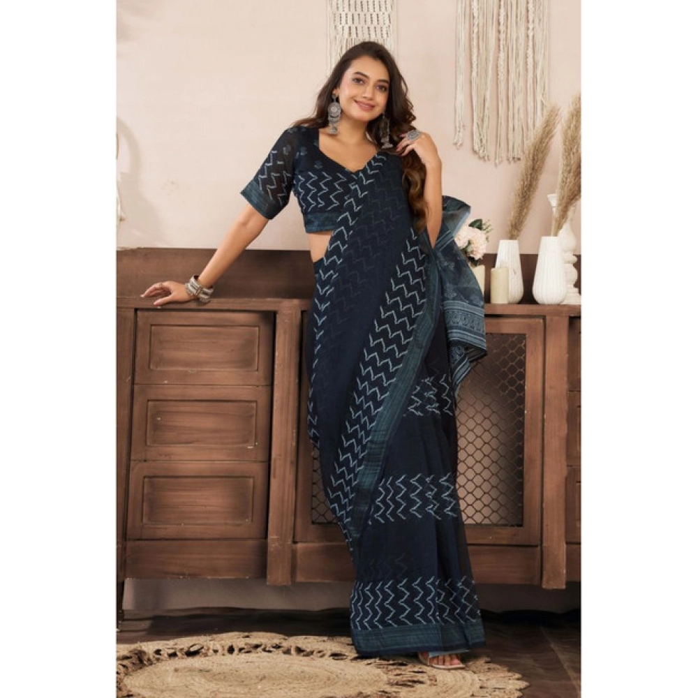 Women's Linen Cotton Printed Ready To Wear Saree With Unstitched Blouse 5.5 Mtr (Black) Women's Linen Cotton Printed Ready To Wear Saree With Unstitched Blouse 5.5 Mtr (Black)