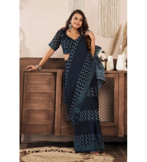 Women's Linen Cotton Printed Ready To Wear Saree With Unstitched Blouse 5.5 Mtr (Black)