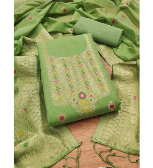 Women's Banarasi Silk Printed Unstitched Salwar Suit Material With Dupatta (Pista, 3Mtrs)