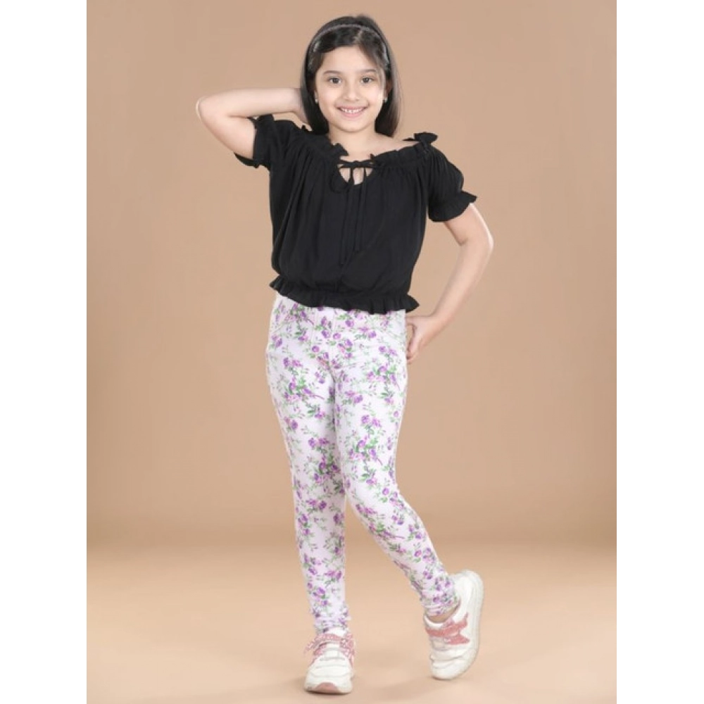Girl's Cotton Lycra Floral Elasticated Jeggings (Lavender) Girl's Cotton Lycra Floral Elasticated Jeggings (Lavender)
