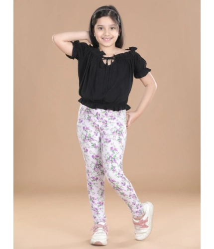 Girl's Cotton Lycra Floral Elasticated Jeggings (Lavender)