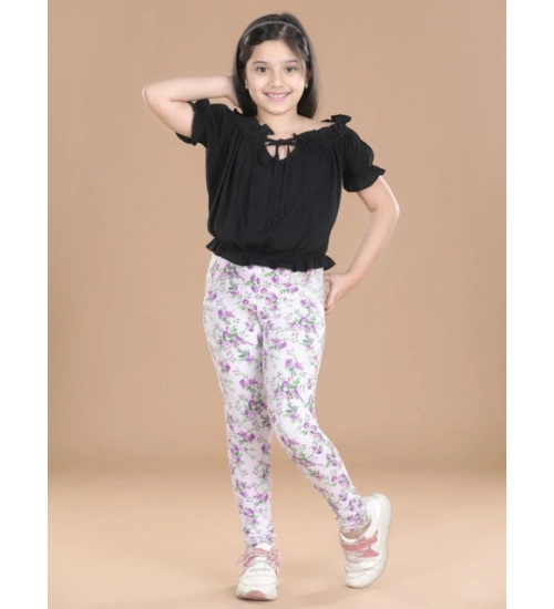 Girl's Cotton Lycra Floral Elasticated Jeggings (Lavender)