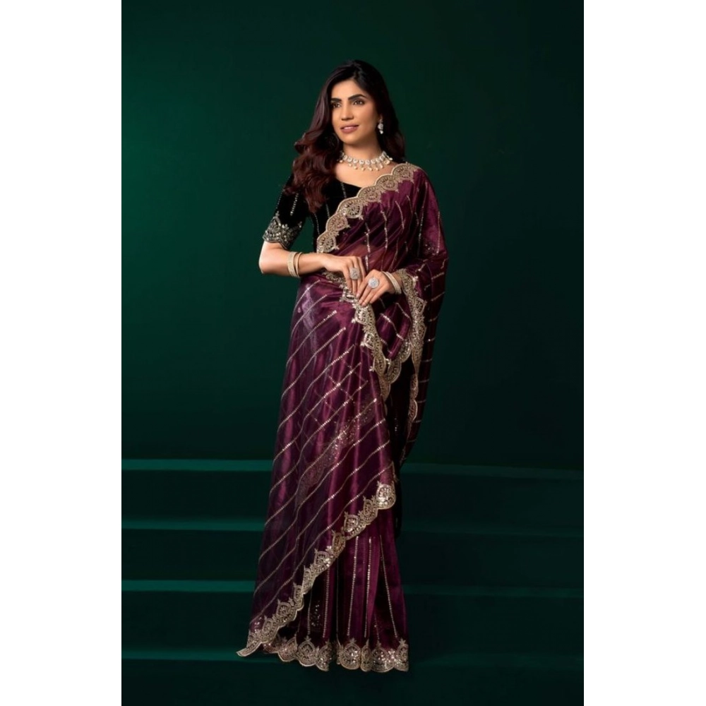 Women's Net Sequence Saree With Unstitched Blouse 5.5Mtr (Maroon) Women's Net Sequence Saree With Unstitched Blouse 5.5Mtr (Maroon)