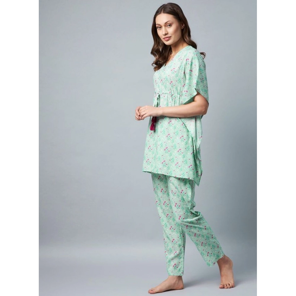 Women's Rayon Floral Kaftan Sleeve Night Suit (Green - Pink)