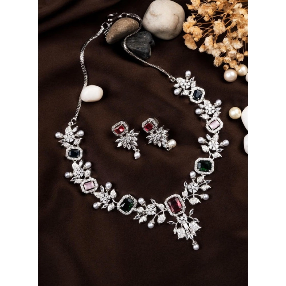Women's Brass Silver Plated Necklace set (Multicolor)
