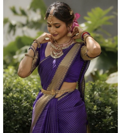 Women's Banarasi Silk Printed Saree With Unstitched Blouse 5.5Mtr (Purple)