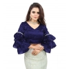Women's Organza Solid V Neck Layered Ruffle Sleeve Readymade Blouse (Navy Free Size , up to 38–40 Bust)-PID65855