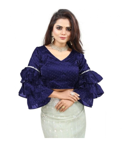Women's Organza Solid V Neck Layered Ruffle Sleeve Readymade Blouse (Navy Free Size , up to 38–40 Bust)-PID65855