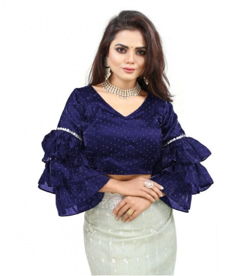 Women's Organza Solid V Neck Layered Ruffle Sleeve Readymade Blouse (Navy Free Size , up to 38–40 Bust)-PID65855 Women's Organza Solid V Neck Layered Ruffle Sleeve Readymade Blouse (Navy Free Size , up to 38–40 Bust)-PID65855