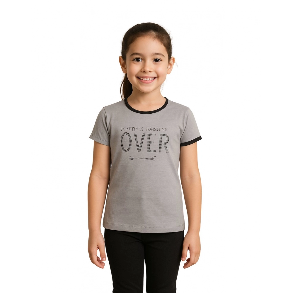 Girl's Cotton Printeded Round Neck T-Shirt (Grey)