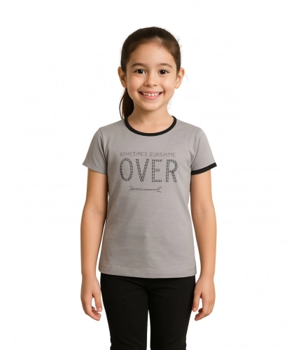 Girl's Cotton Printeded Round Neck T-Shirt (Grey)