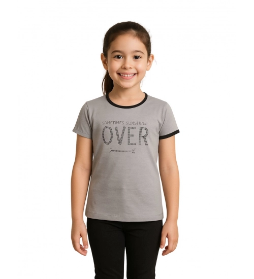 Girl's Cotton Printeded Round Neck T-Shirt (Grey)