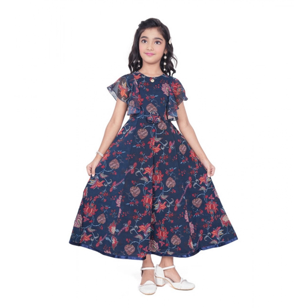Girl's Shiffon Printed Short Sleeve Round Neck Dress (Blue)