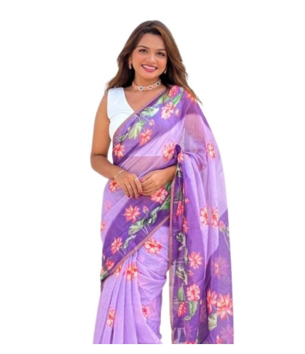 Women's Linen Printed Saree With Unstitched Blouse 5.5Mtr (Purple)