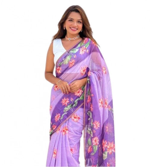 Women's Linen Printed Saree With Unstitched Blouse 5.5Mtr (Purple)