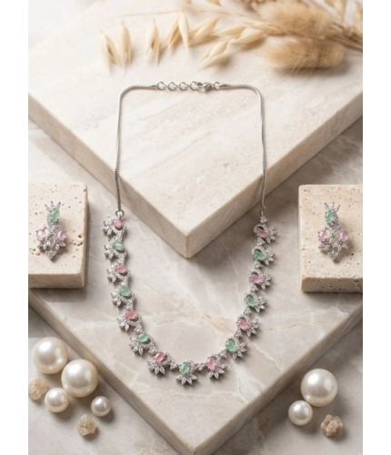 Women's Brass Silver Plated Necklace set (Multicolor)