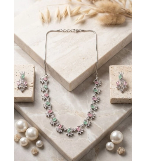 Women's Brass Silver Plated Necklace set (Multicolor)