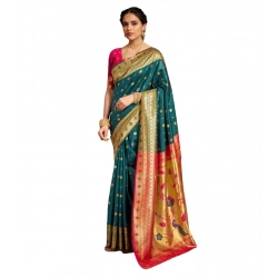 Women's Silk Blend Zari Weaving Saree With Unstitched Blouse 5.5Mtr (Rama)