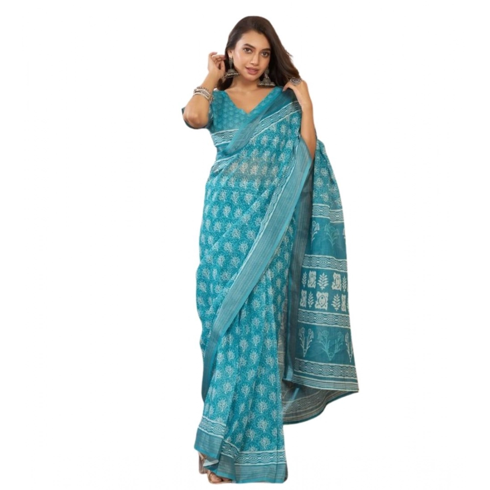 Women's Faux Linen Floral Print Ready to wear Saree With Unstitched Blouse 5.5Mtr (AquaBlue) Women's Faux Linen Floral Print Ready to wear Saree With Unstitched Blouse 5.5Mtr (AquaBlue)