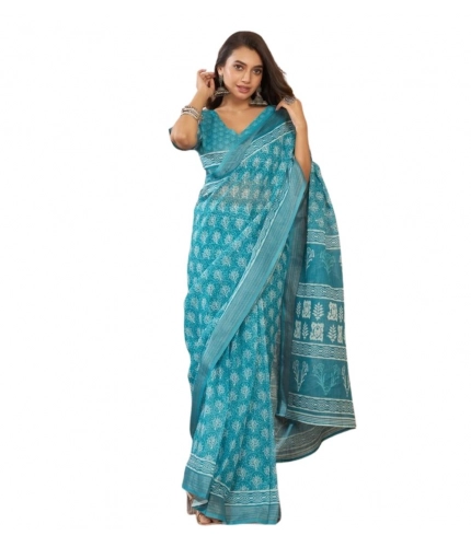 Women's Faux Linen Floral Print Ready to wear Saree With Unstitched Blouse 5.5Mtr (AquaBlue)