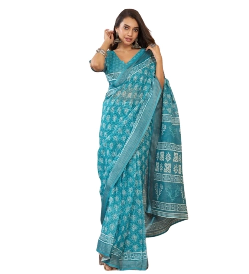 Women's Faux Linen Floral Print Ready to wear Saree With Unstitched Blouse 5.5Mtr (AquaBlue)