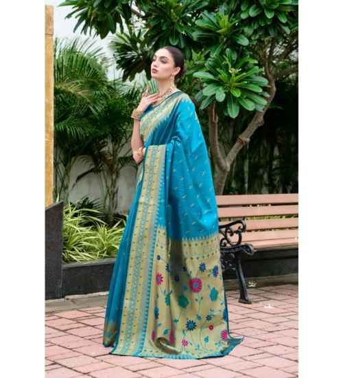 Women's Silk Blend Paithani Weaving Saree With Unstitched Blouse 5.5Mtr (Aqua)