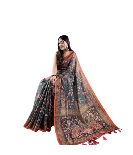 Women's Linen Printed Saree With Unstitched Blouse 5.5Mtr (Green)