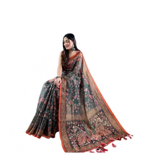 Women's Linen Printed Saree With Unstitched Blouse 5.5Mtr (Green) Women's Linen Printed Saree With Unstitched Blouse 5.5Mtr (Green)