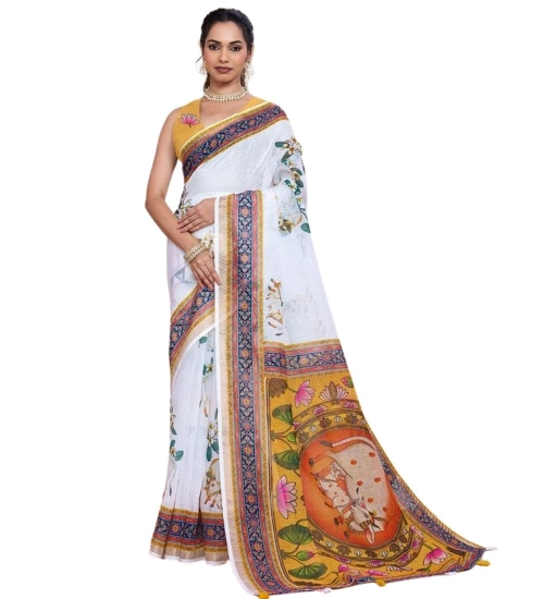 Women's Linen Floral Printed Saree With Unstitched Blouse 5.5Mtr (White) Women's Linen Floral Printed Saree With Unstitched Blouse 5.5Mtr (White)